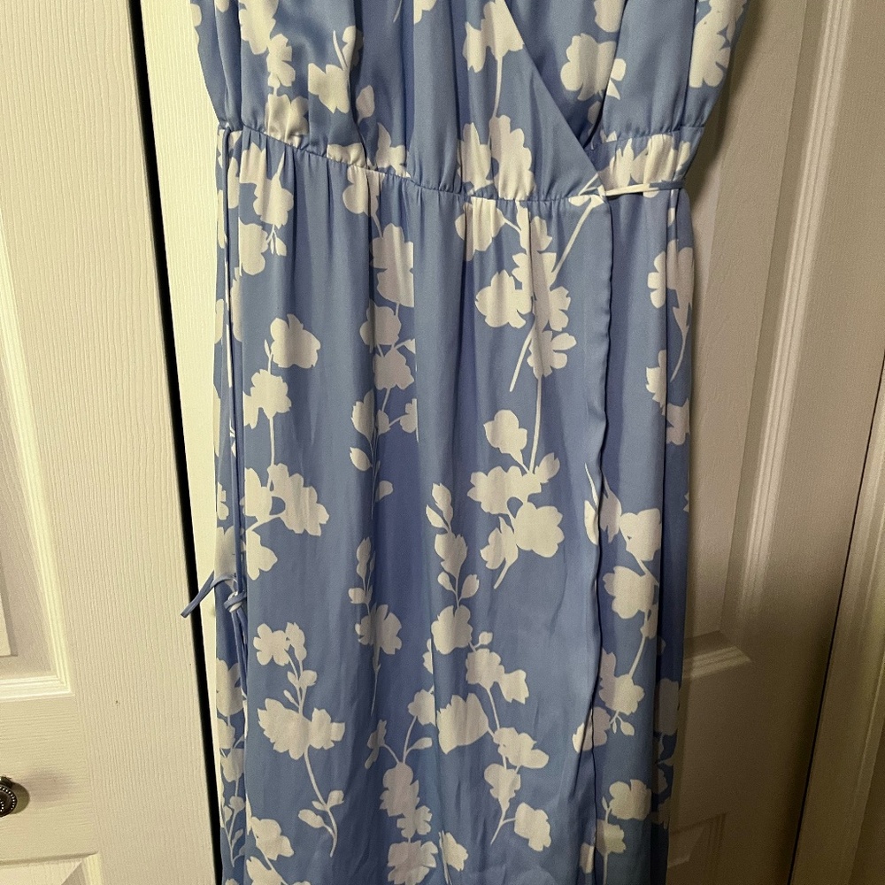 Ann Taylor Floral Tie Waist Blue Dress, Size 8 - Picture 3 of 4